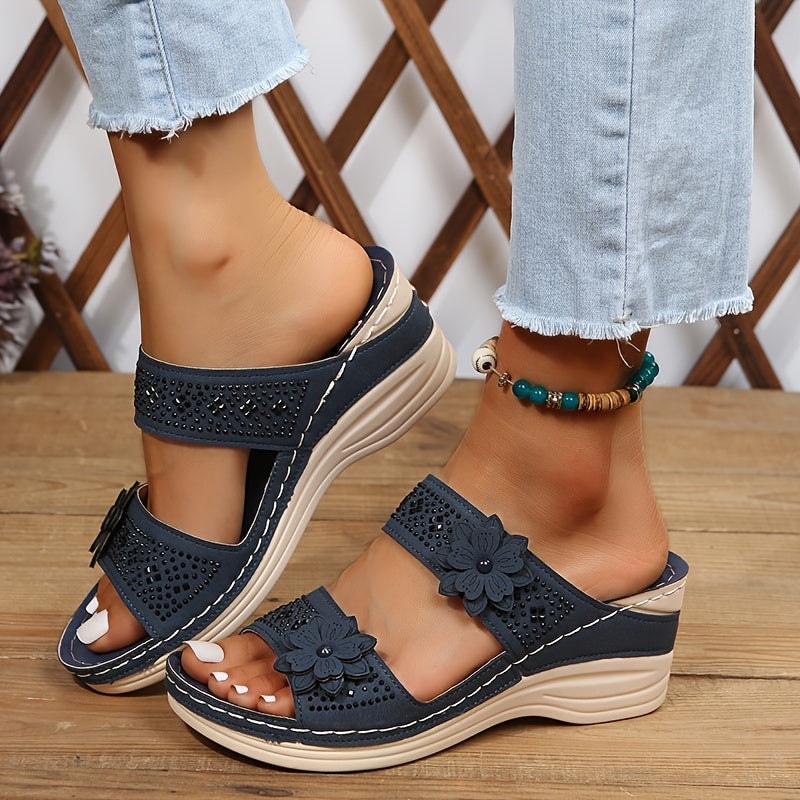 Delor Open-Toe Slide Sandals with Flower Detail and Rhinestone Wedge Sole