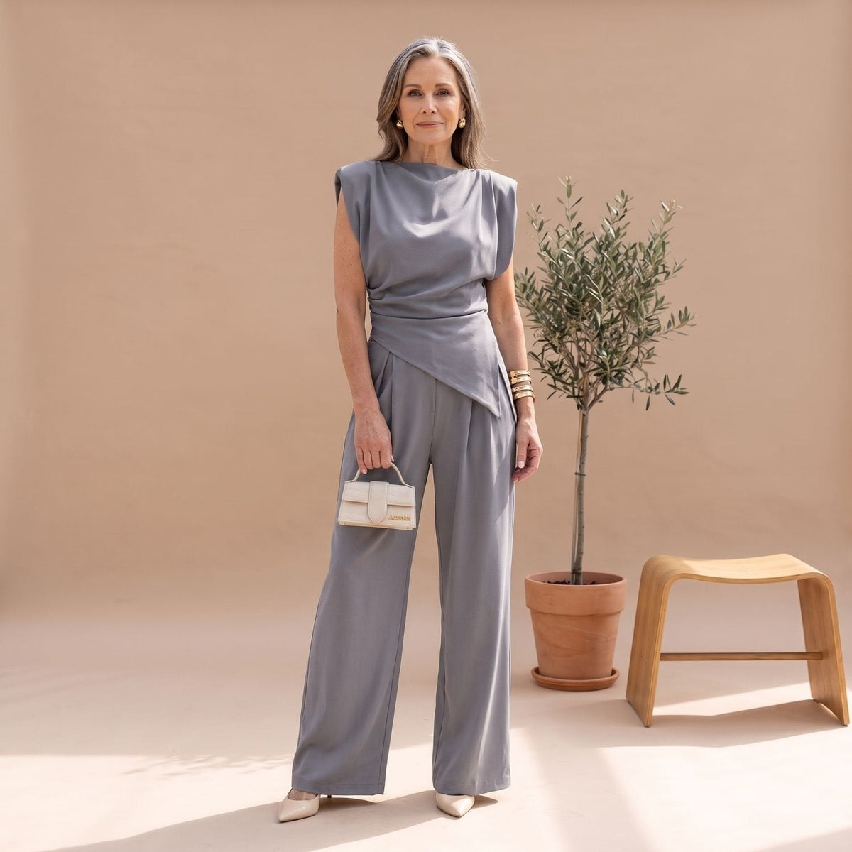 Women's Matching Two-Piece Set with Draped Cowl Neck Top and Wide-Leg Pants
