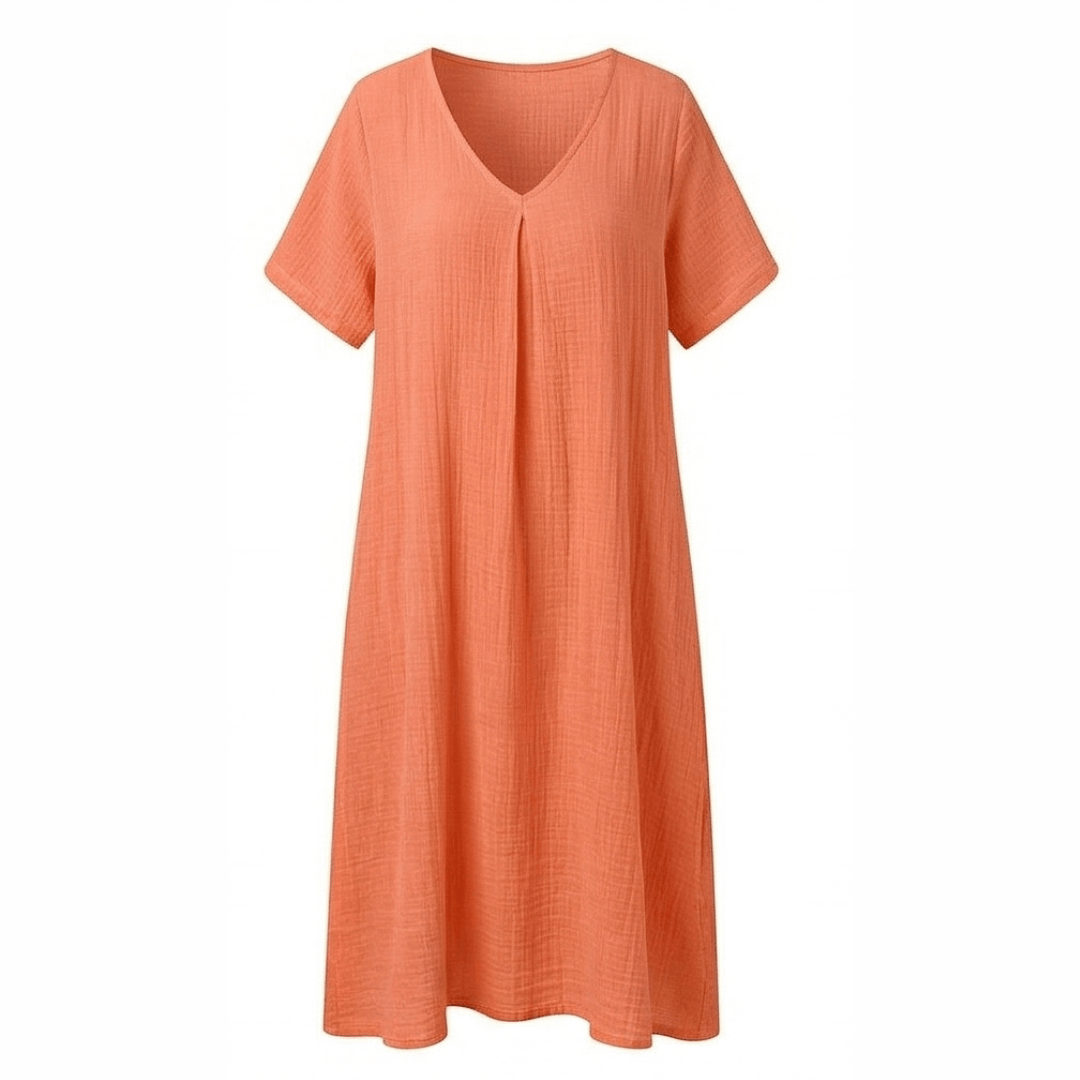 Women's Cotton Linen V-Neck Midi Summer Dress with Short Sleeves