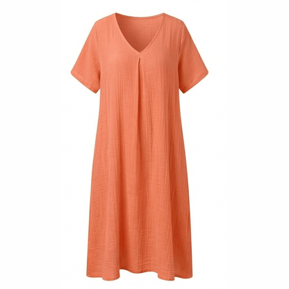 Women's Cotton Linen V-Neck Midi Summer Dress with Short Sleeves