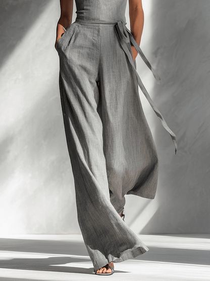 Women's Wide-Leg Tie-Waist Linen Jumpsuit with Adjustable Straps