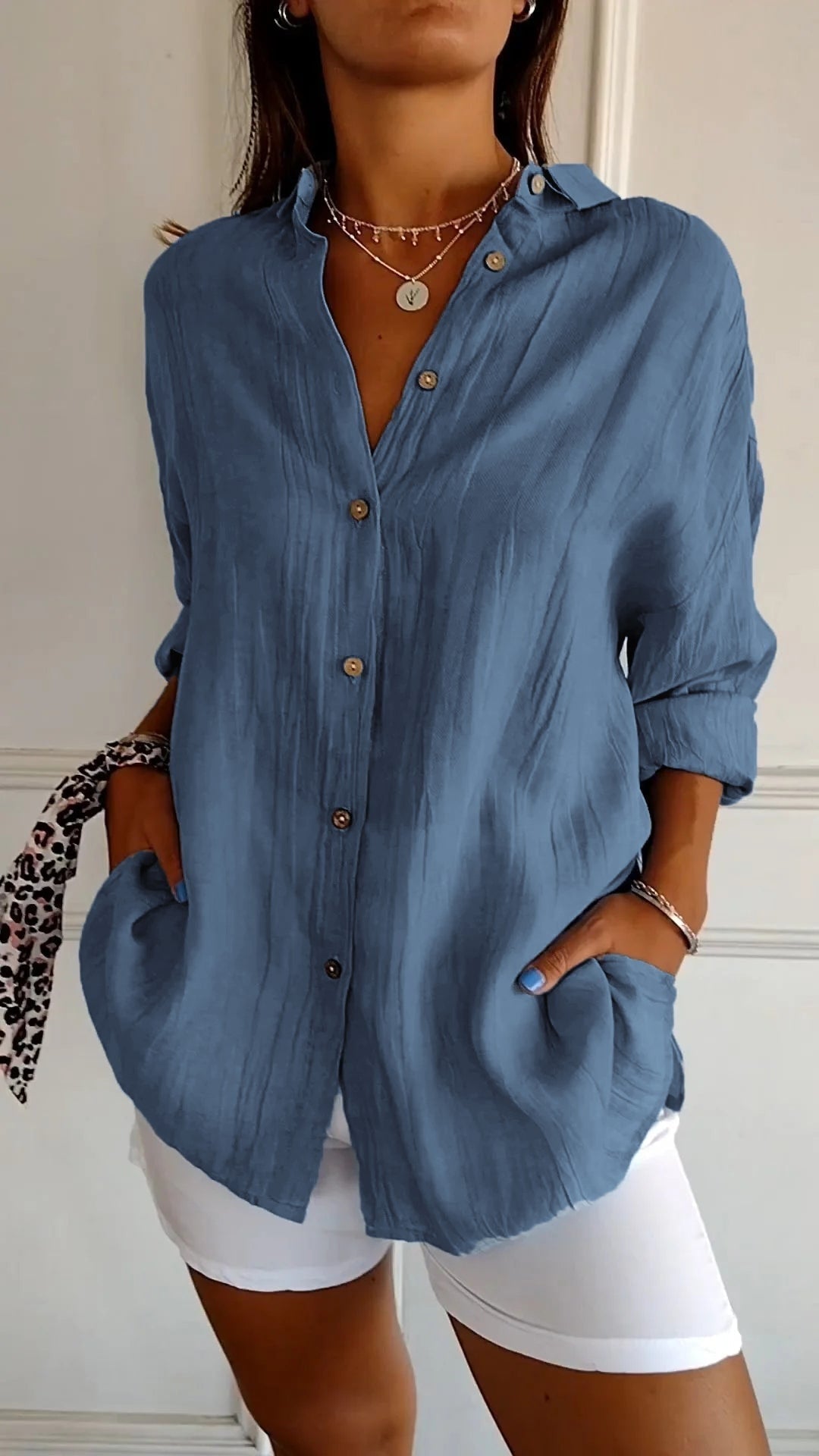 Sasha Pleated Cotton Blend Long-Sleeve Blouse for Women with Button-Up Front