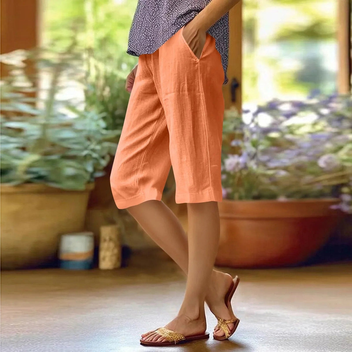 Women's Linen Blend Cropped Shorts with Elastic Waist