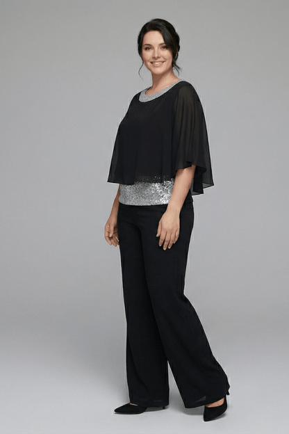 Women's Matching Two-Piece Set with Sequin Chiffon Cape Top and Wide-Leg Pants