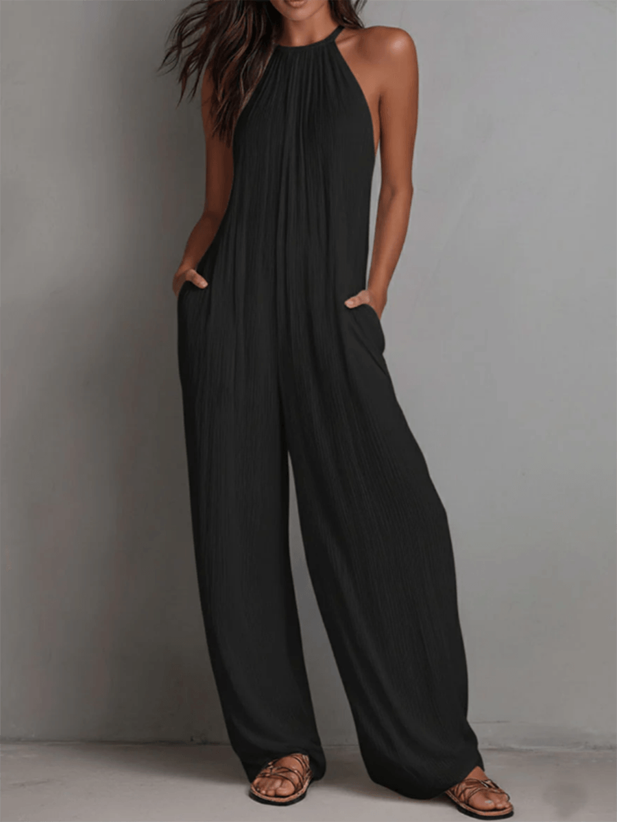 Women's Halter Neck Wide-Leg Linen Jumpsuit with Pockets