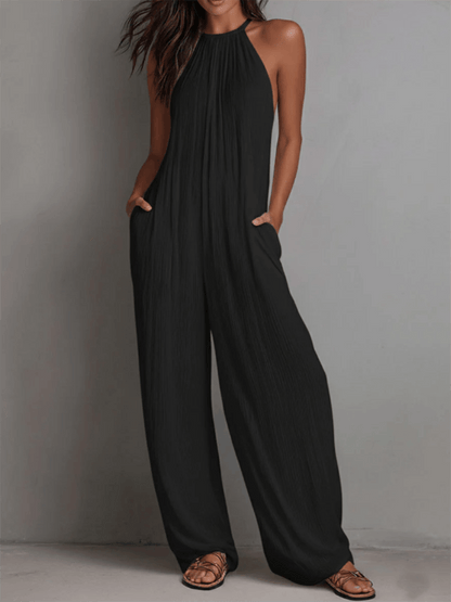 Women's Halter Neck Wide-Leg Linen Jumpsuit with Pockets