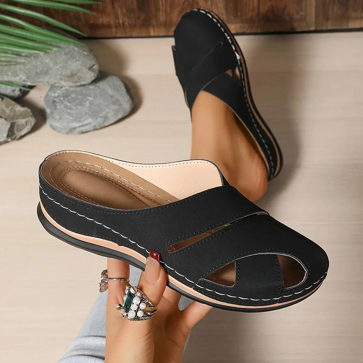 Ella Slip-On Platform Wedge Sandals with Closed Toe and Cutout Straps