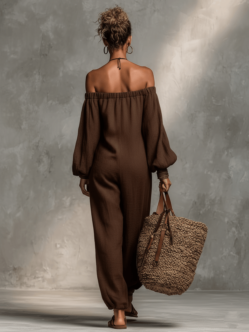 Women's Off-Shoulder Long-Sleeve Linen Jumpsuit with Relaxed Fit