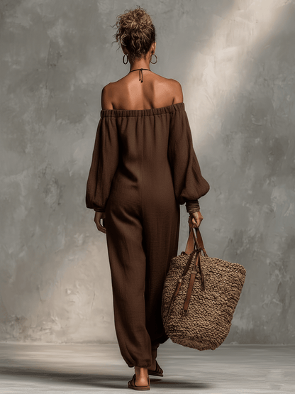 Women's Off-Shoulder Long-Sleeve Linen Jumpsuit with Relaxed Fit