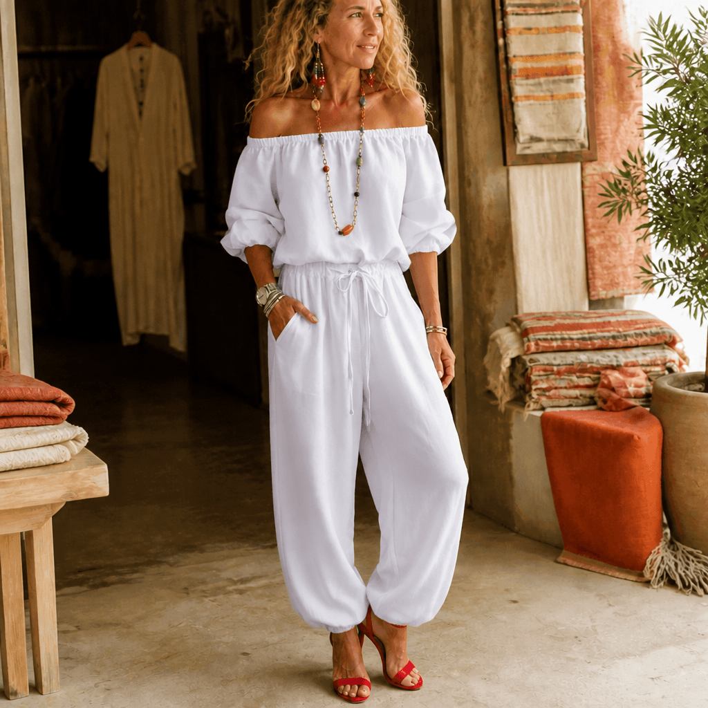 Off-Shoulder Two Piece Co Ord Set with Drawstring Waist Pants