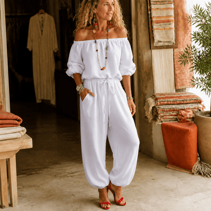 Off-Shoulder Two Piece Co Ord Set with Drawstring Waist Pants