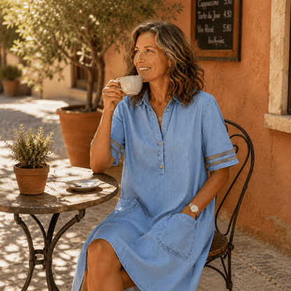 Women's Denim Shirt-Collar A-Line Midi Dress with Front Pockets