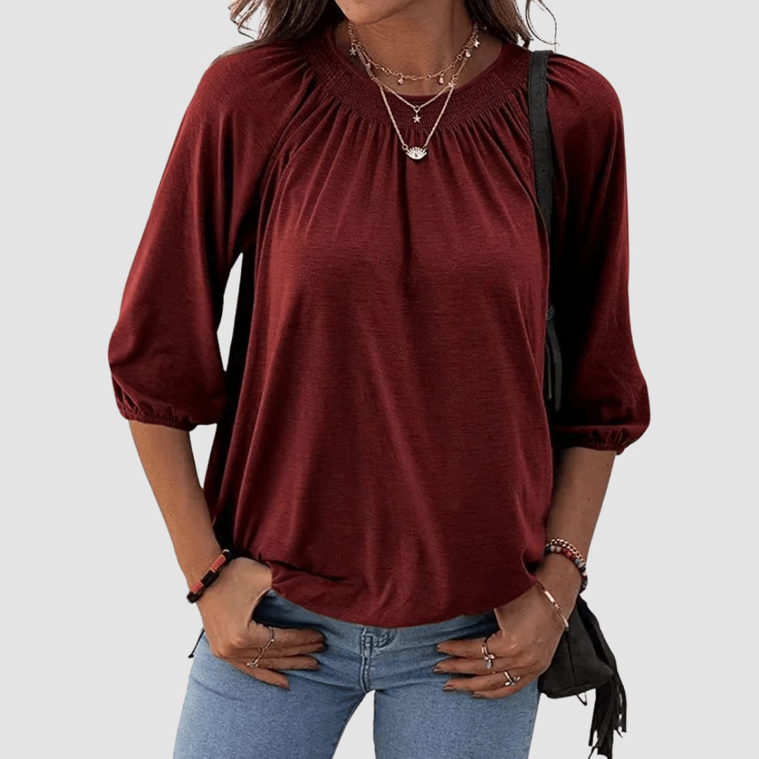 Women's Loose-Fit Shirred Neck Top with Balloon Sleeves