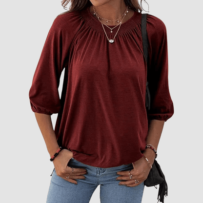 Women's Loose-Fit Shirred Neck Top with Balloon Sleeves