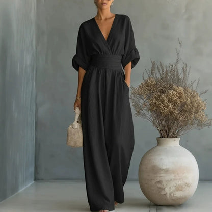 Sophia Merriweather Wide-Leg Linen Jumpsuit with Wrap Waist Tie