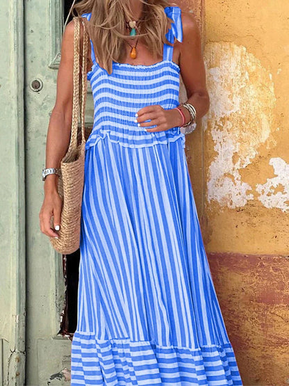 Emilia Striped Cotton-Blend Smocked-Bodice Women's Midi Dress with Tie Straps