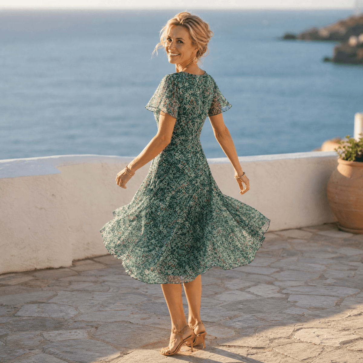 Kynara Flutter-Sleeve Floral Fit-and-Flare Women's Summer Midi Dress with Sheer Overlay