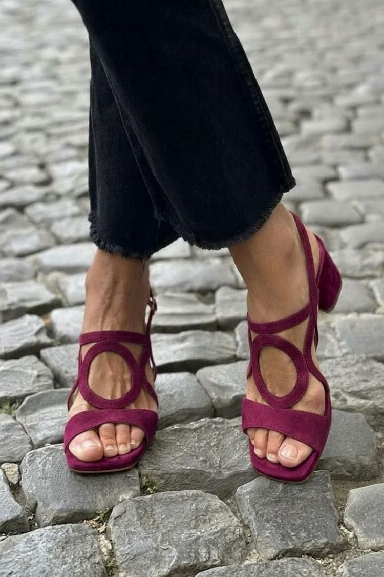 Women's Cushioned Suede Block Heel Sandals with Round Cutout Detail