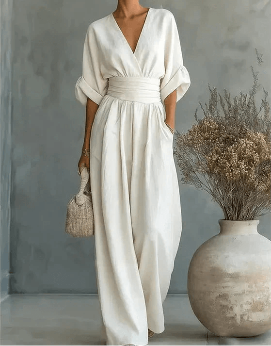 Linen V-Neck Wide-Leg Jumpsuit with Wrap Front and Short Sleeves