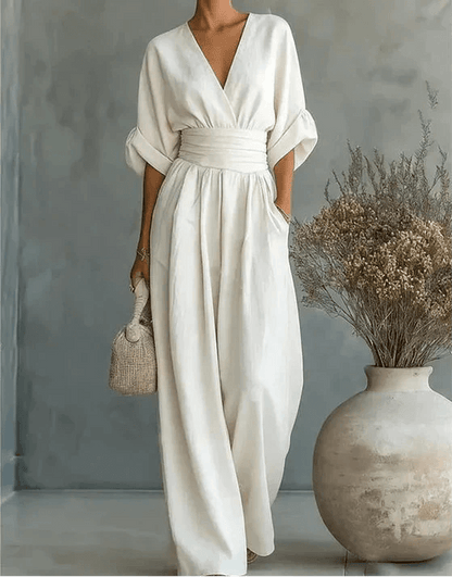 Linen V-Neck Wide-Leg Jumpsuit with Wrap Front and Short Sleeves
