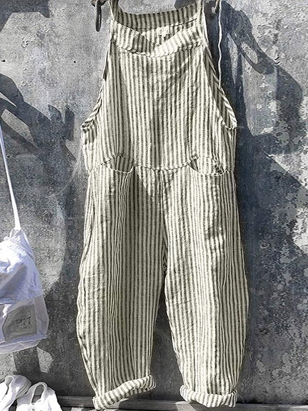 Striped Linen Cotton Jumpsuit with Adjustable Straps and Tapered Leg