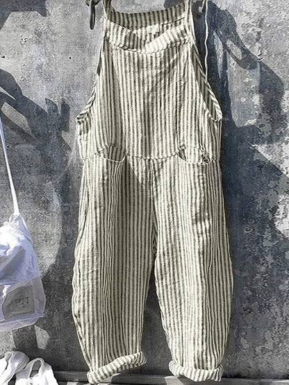 Striped Linen Cotton Jumpsuit with Adjustable Straps and Tapered Leg