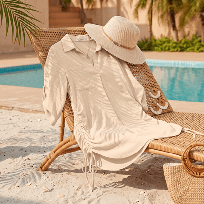 Collared Shirt Cover-Up with Drawstring Side Ruching for Women