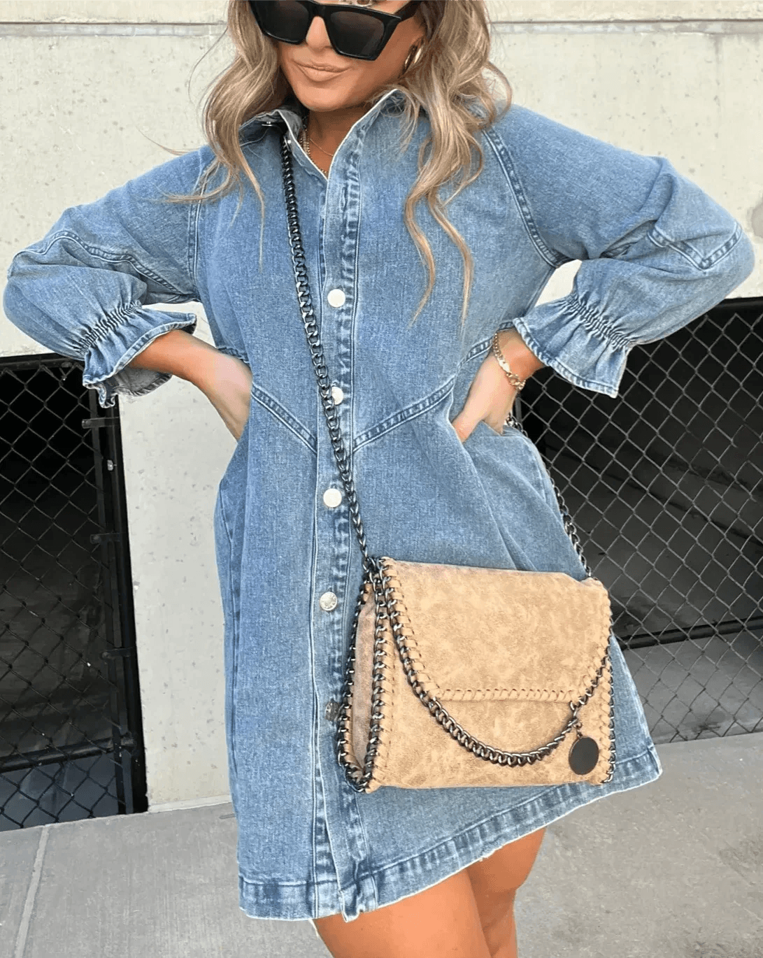 Daniela Denim Button-Down Ruffle-Sleeve Mini Shirt Dress for Women