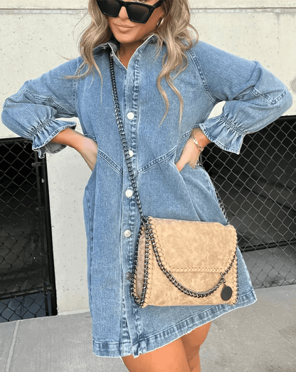 Daniela Denim Button-Down Ruffle-Sleeve Mini Shirt Dress for Women