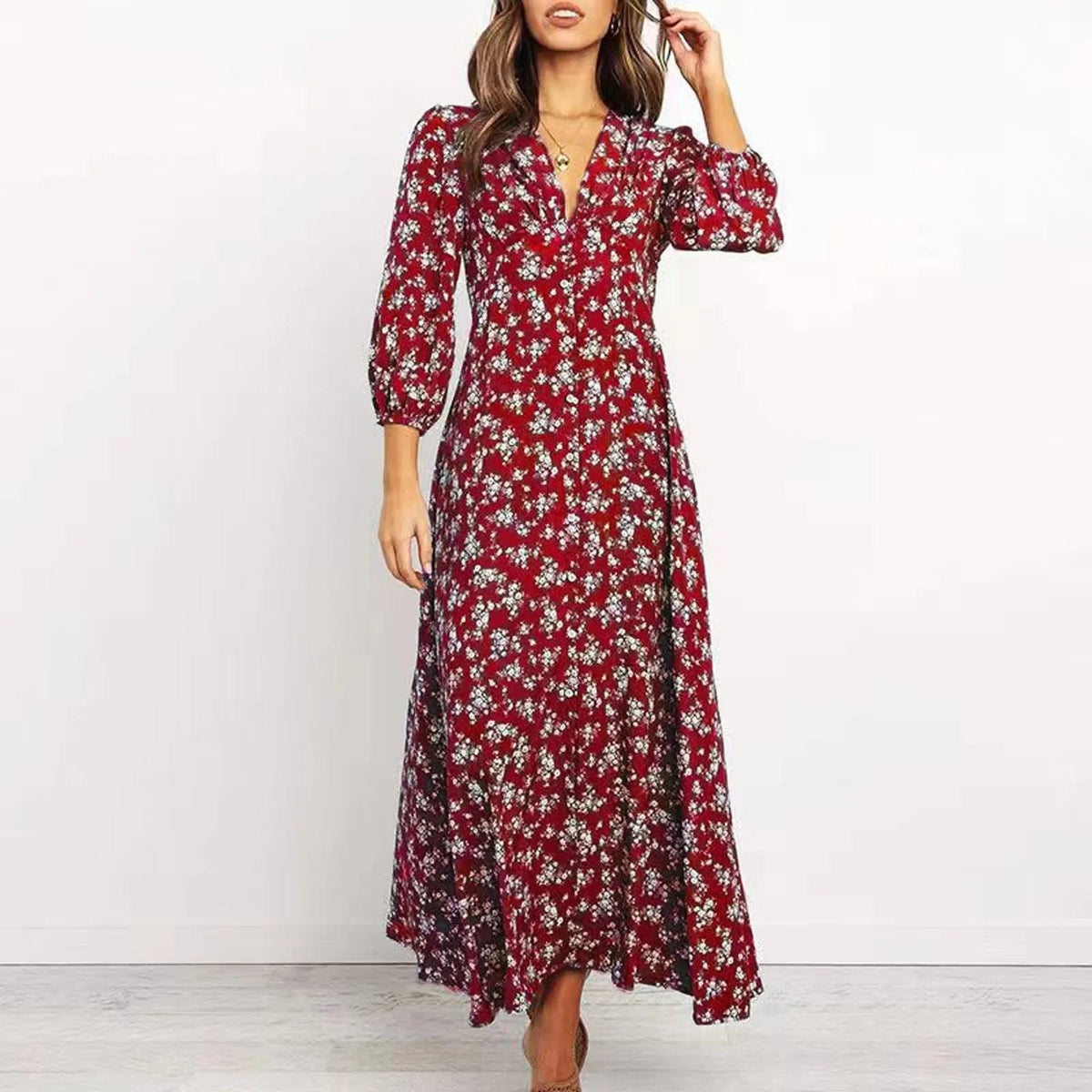 Norma Floral V-Neck A-Line Maxi Dress with Long Sleeves for Women