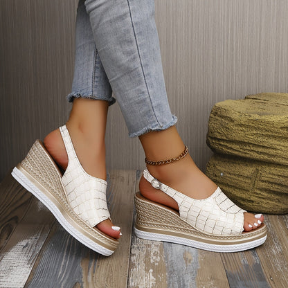 Marbella White Croc-Embossed Slingback Wedge Sandals with Peep Toe Platform