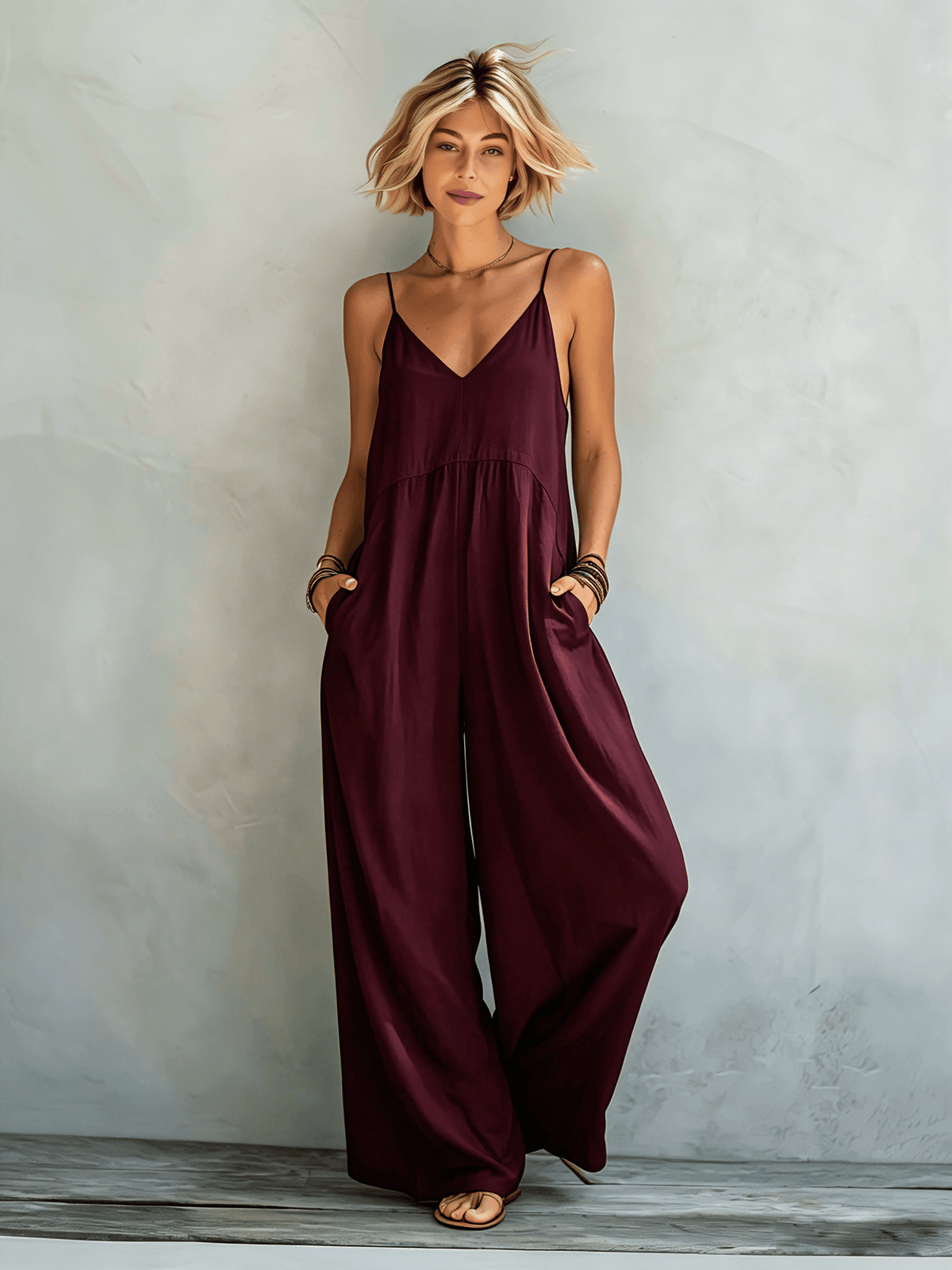 Women's Wide-Leg Linen Blend Jumpsuit with Spaghetti Straps