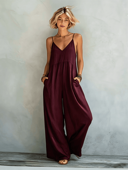 Women's Wide-Leg Linen Blend Jumpsuit with Spaghetti Straps