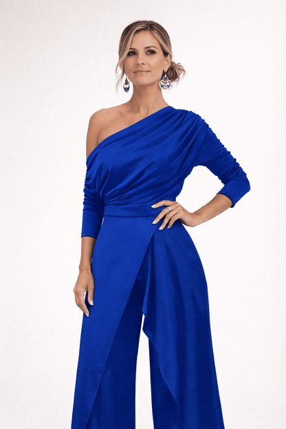 One-Shoulder Wrap-Front Wide-Leg Jumpsuit with Split Skirt Overlay