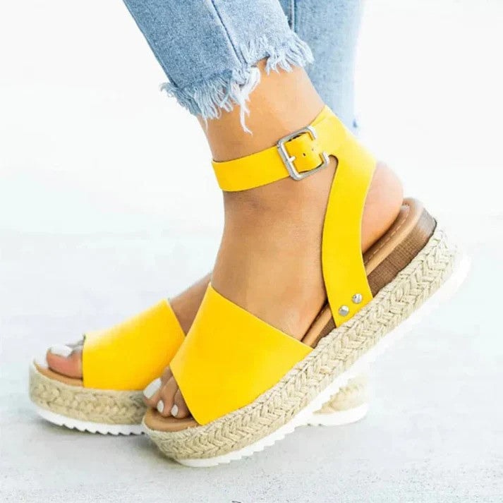 Women's Cushioned PU Leather Espadrille Wedge Sandals with Ankle Strap Buckle