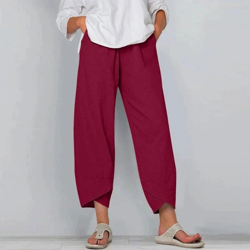Women's Wide-Leg Cropped Linen-Blend Gaucho Pants with Elastic Waist