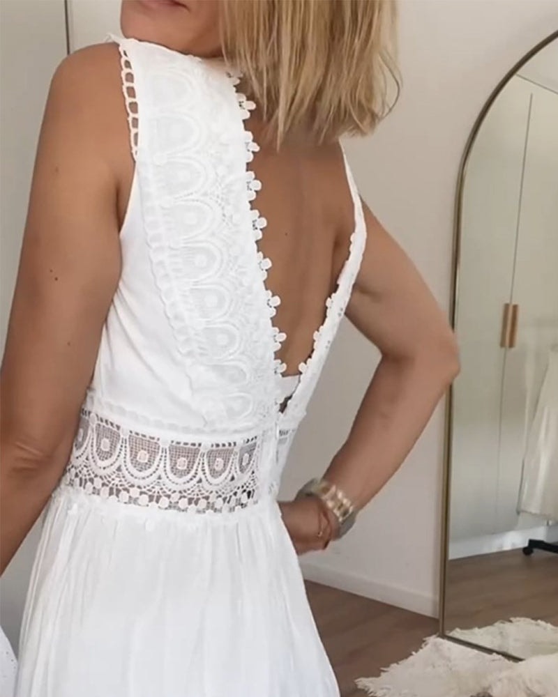 Anna Lace-Trim V-Neck Tiered Cotton Summer Dress with Open Back