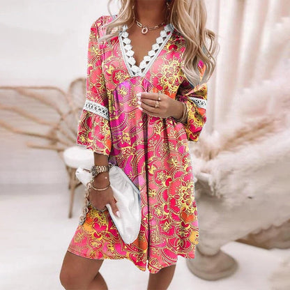 Women's Paisley Print Midi Dress with Crochet Trim and Bell Sleeves