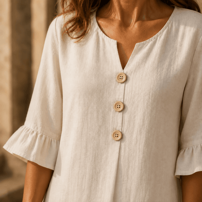 Marellia Flowy Linen-Look V-Neck Summer Maxi Dress with Ruffle Sleeves and Pockets