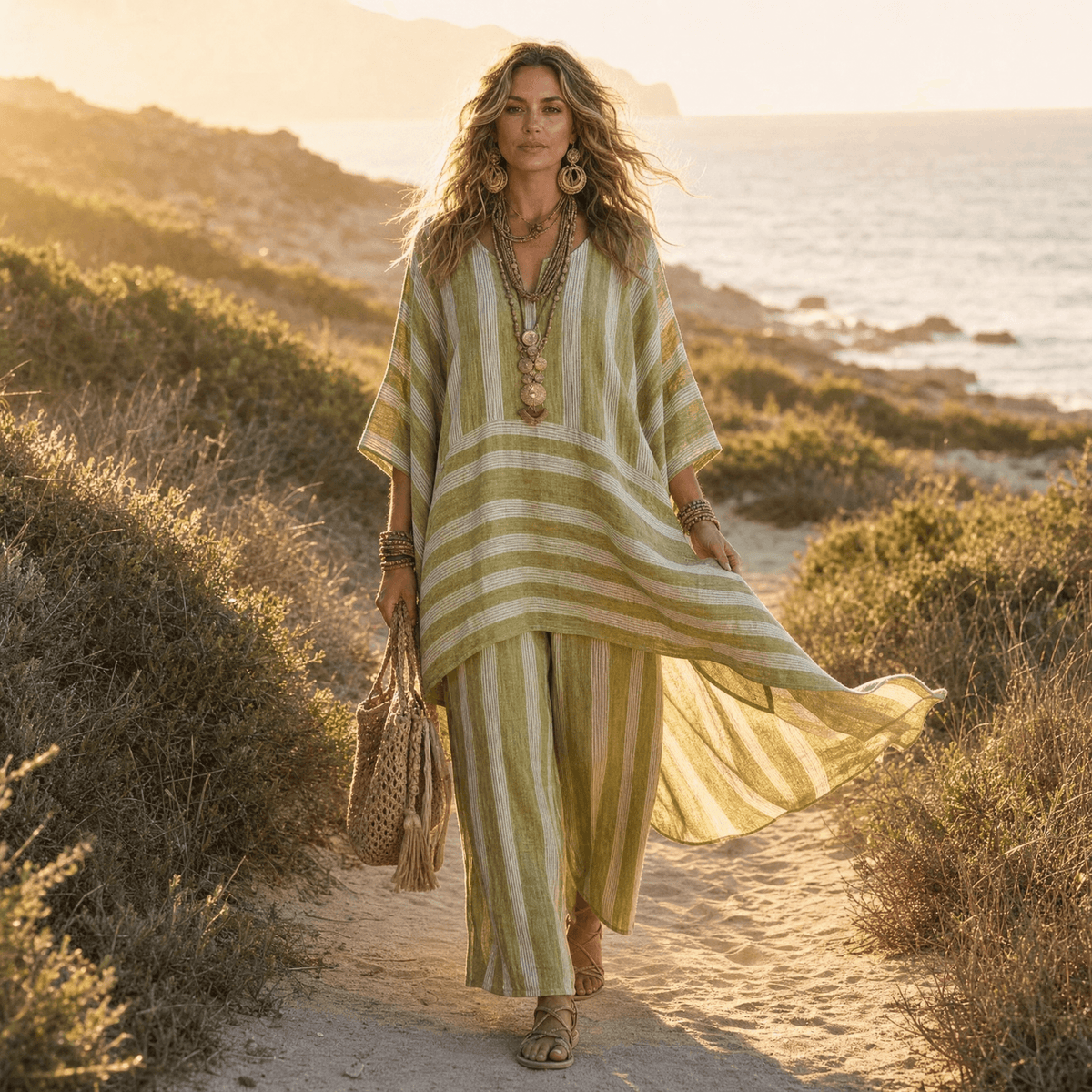Iluma Striped Half-Sleeve Tunic Top for Women in Boho Style