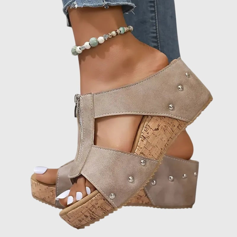Jazlyn Orthopedic Open-Toe Wedge Sandals with Front Zip and Metal Stud Detail