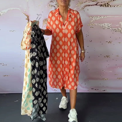 Eleanora Loose Printed Short-Sleeve Midi Shirt Dress with Lapel Collar