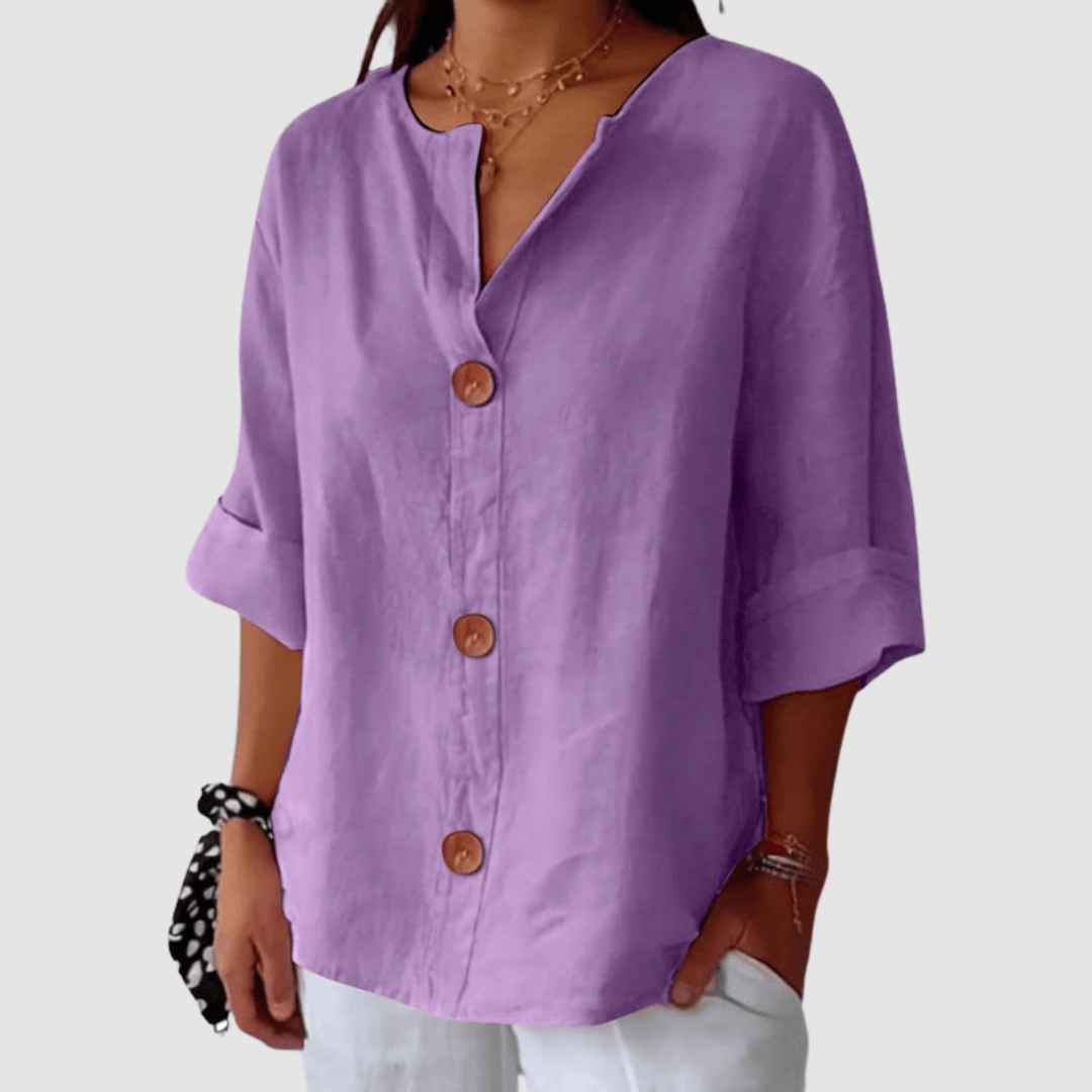 Leah Casual Linen Blouse with V-Neck Button Front and Rolled Sleeves