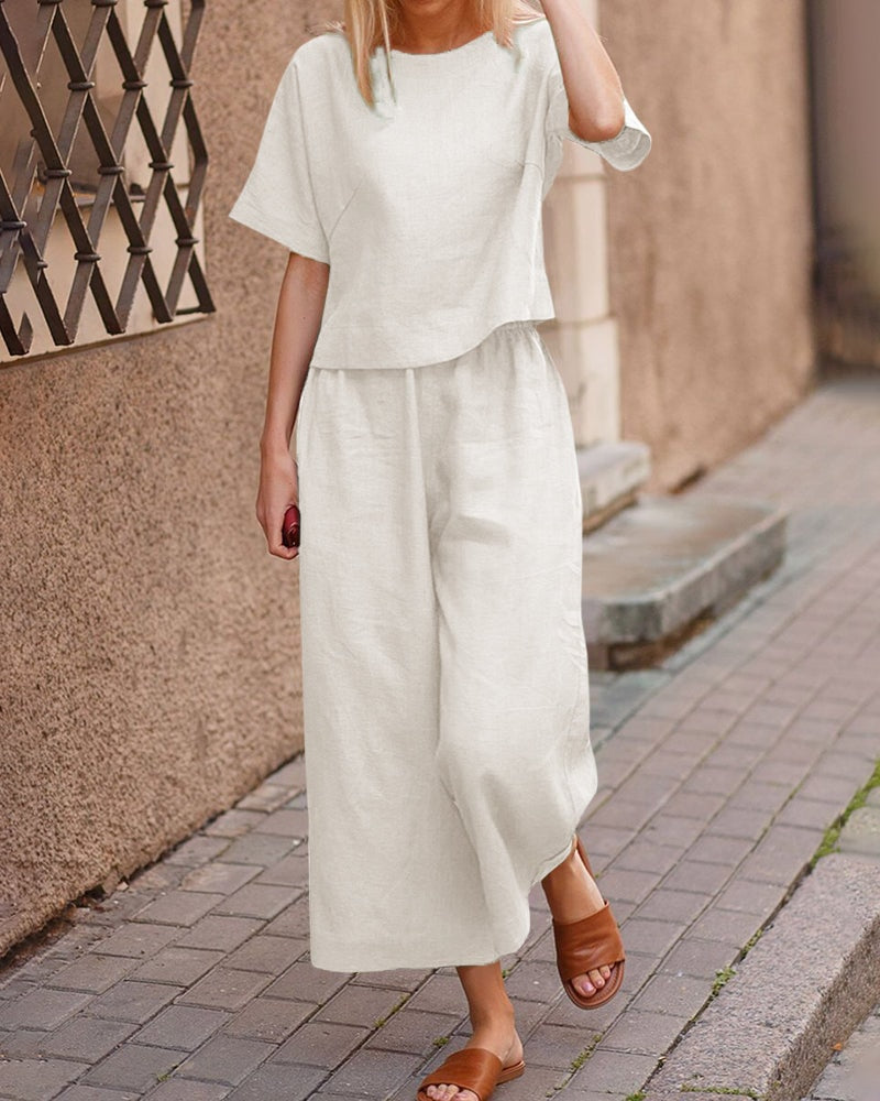 Linen Two-Piece Matching Set with Short-Sleeve Top and Wide-Leg Pants