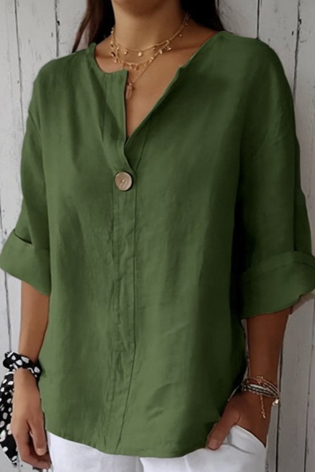 Natasha Linen Blouse with V-Neck Single Button and Rolled Sleeves