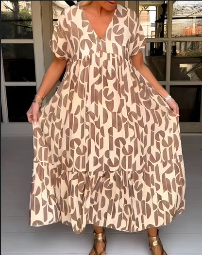 Colette Loose Short-Sleeve V-Neck Maxi Dress with Geometric Print and Tiered Hem