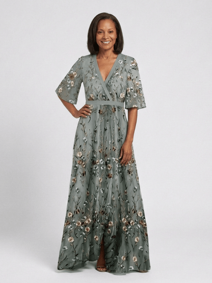 Floral Embroidered Wrap Maxi Summer Dress with Flutter Sleeves for Women