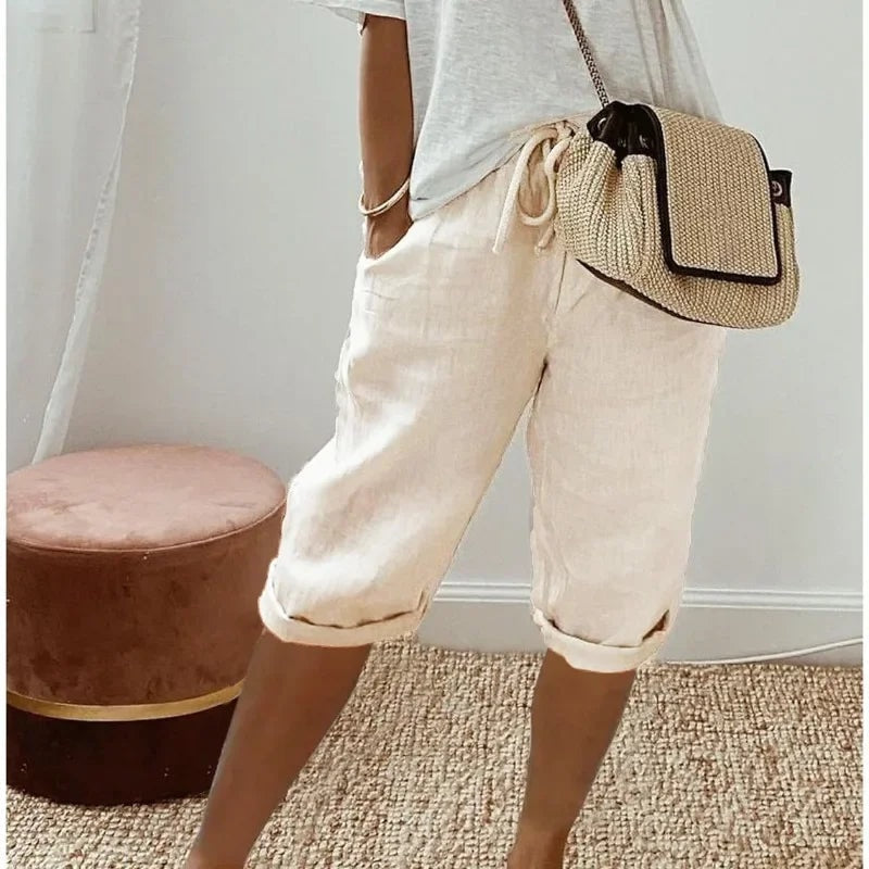 Heidi Linen Drawstring Tailored Shorts for Women with Elastic Waist