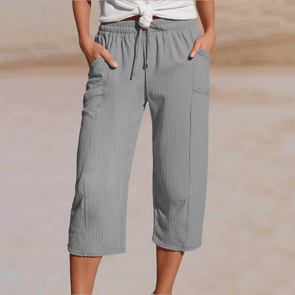 Women's Cotton Linen Cropped Wide-Leg Pants with Drawstring Waist