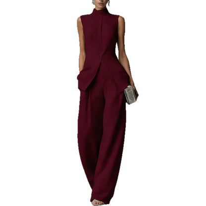 Sleeveless Stand Collar Wide-Leg Linen Jumpsuit with Side Pockets